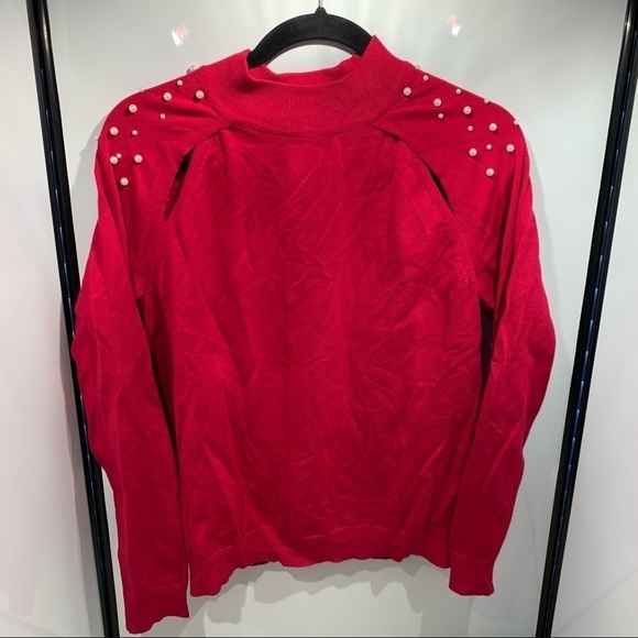 Joseph A . Long Sleeve Pearl Shoulder Sweater Shoulder Slits Size Large Red - Picture 1 of 9